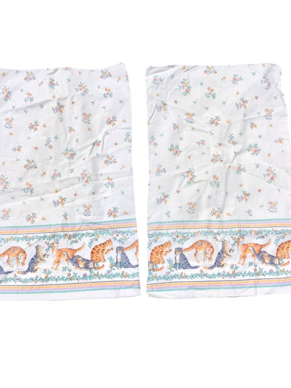 Vintage Stevens Cotton Pillowcases Floral & Cat Pattern White Multi-Color